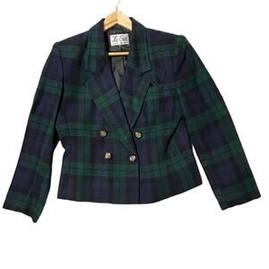 Le Suit Paris New York Vintage90s Double Breasted Blazer Plaid Navy Green